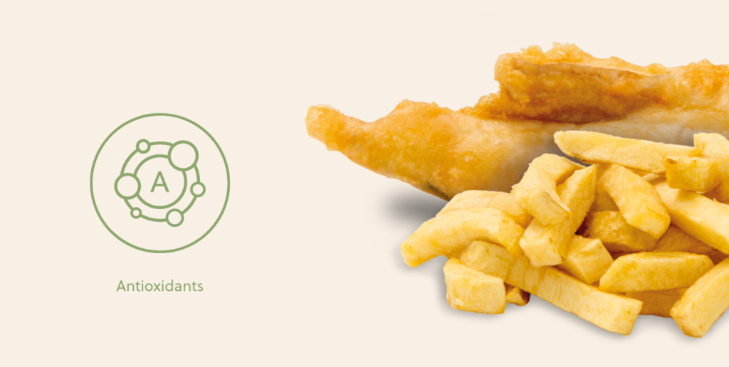 Battered healthy fish and chips pictured with an icon for antioxidant