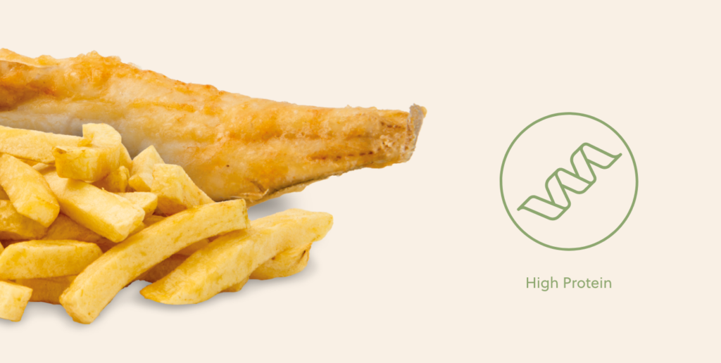 Battered healthy fish and chips pictured with a protein symbol to the right hand side